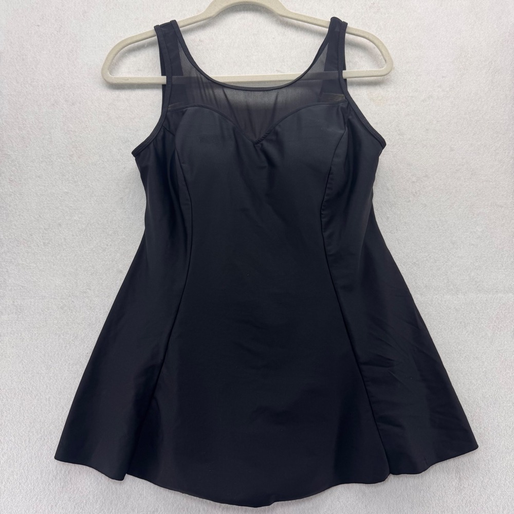 Shore Shapes Swim Dress Tummy Control Sheer Neckline Black Size 12‎ Classic